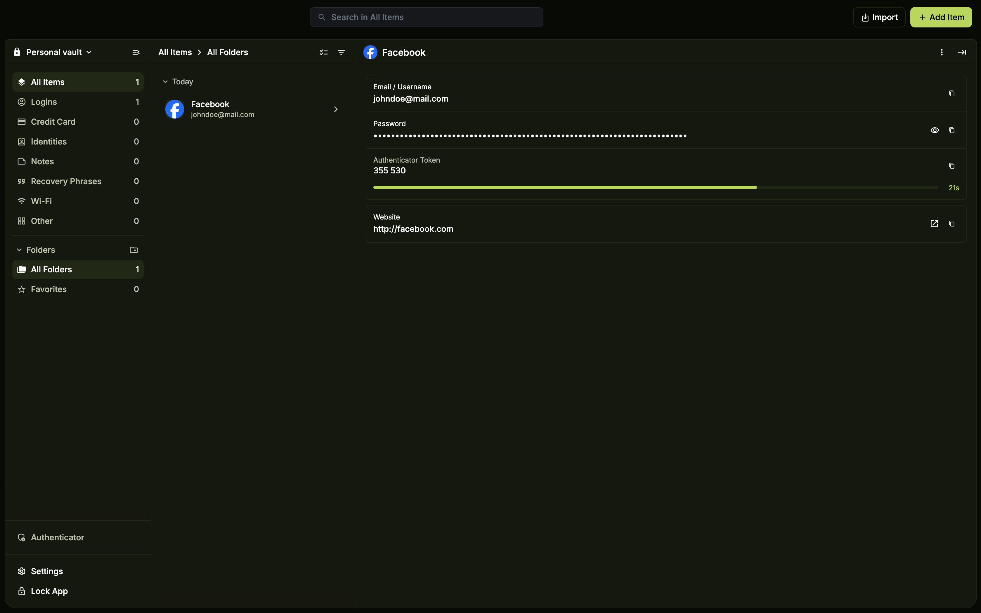 Login item open in PearPass desktop showing the authenticator code field