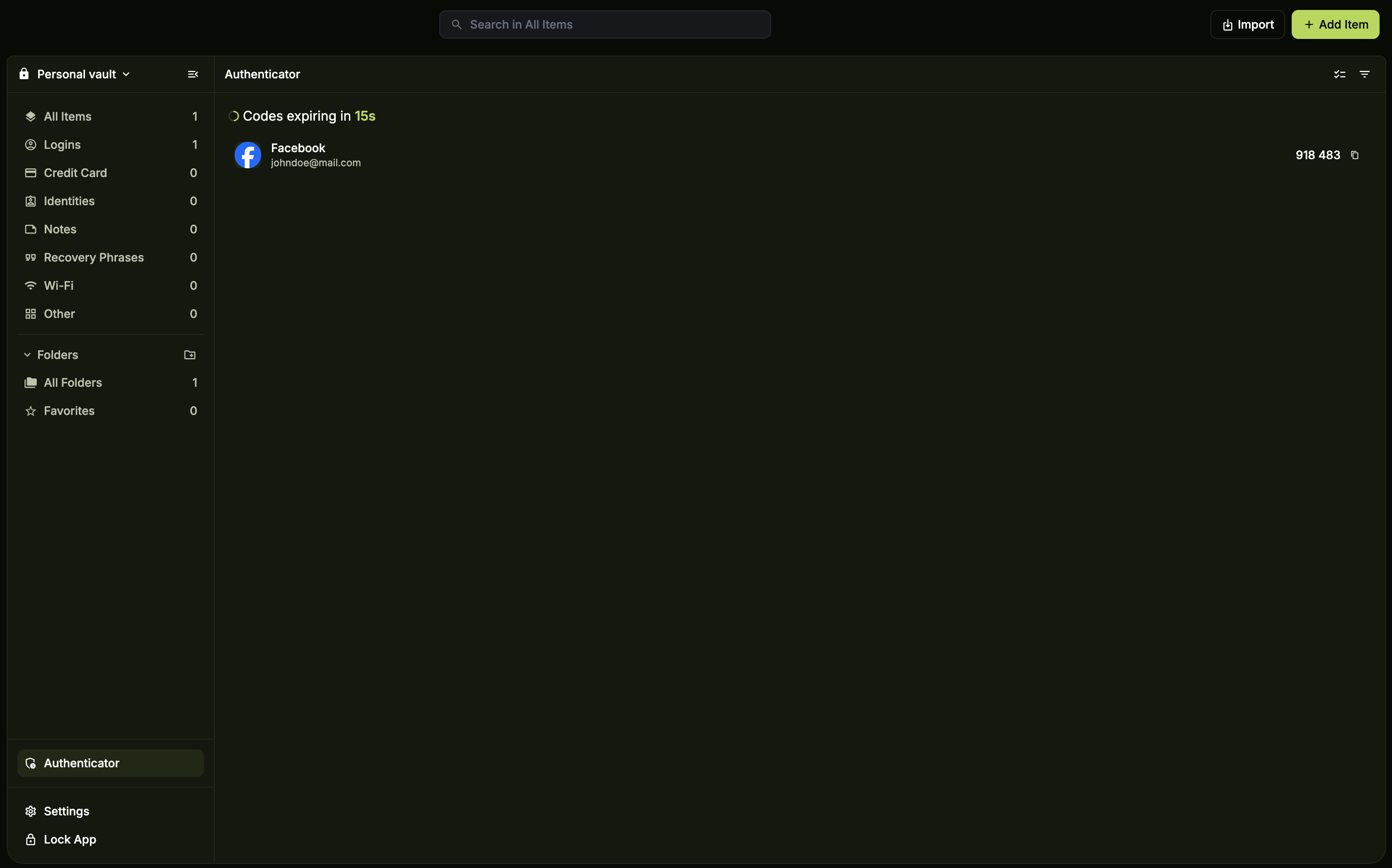 Authenticator section showing the saved code with a countdown timer on desktop