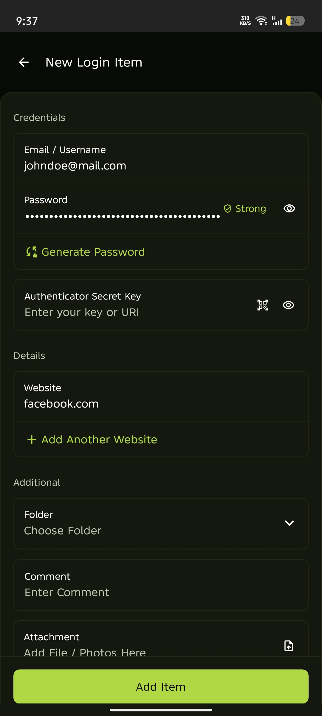 Mobile enter details and add item